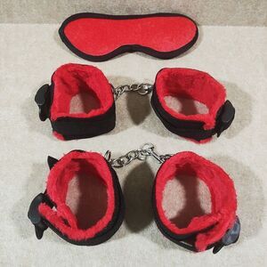 Black and Red Plush 3 piece Mask Hand Cuff Set #3